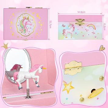 Music Jewellery Box with Necklace Bracelet, Musical Jewelry Storage Case with Spinning Unicorn Gift Set for Kids Girls Children Daughter (ShinyPink-Horse)