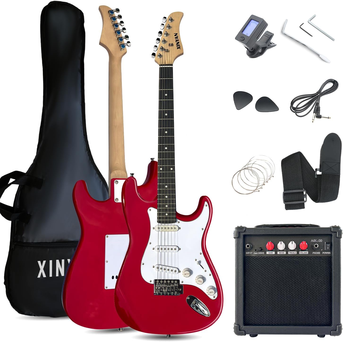 39in Full Size Beginner Electric Guitar Starter Kit w/Case, Strap, 20W Amp, Strings, Pick, Tremolo Bar (Red Guitar)