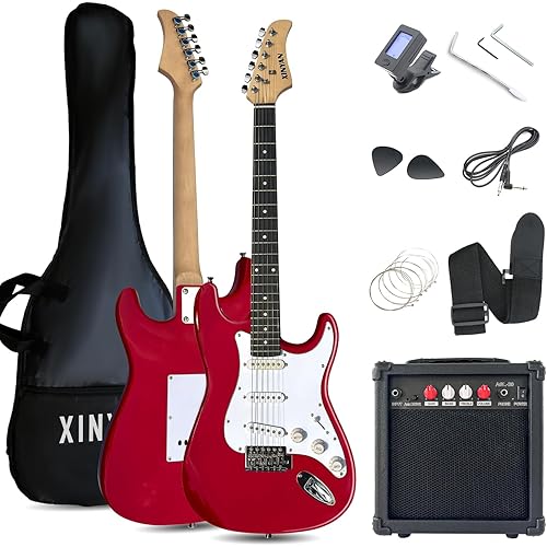 39in Full Size Beginner Electric Guitar Starter Kit w/Case, Strap, 20W Amp, Strings, Pick, Tremolo Bar (Red Guitar)