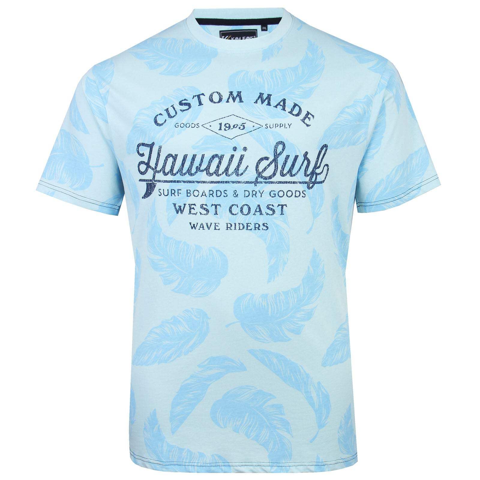 KAM T Shirt Hawaii Surf Leaf Print Cotton Crew Neck Casual Top Mens 2XL-8XL 5773 (UK, Alpha, 4XL, Plus, Regular, Powder Blue)