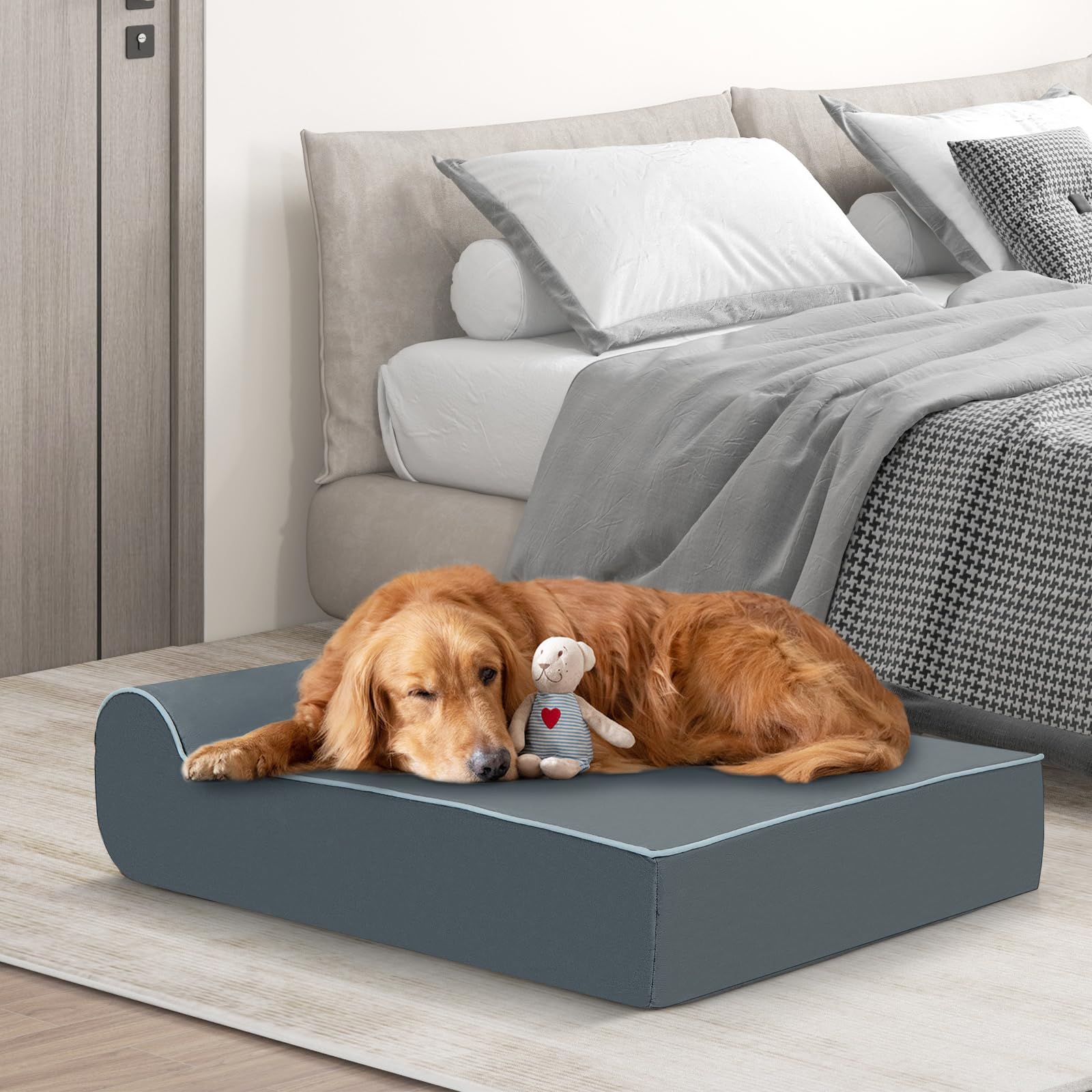 GOPLUS Cama Ortopédica para Perros, Cama Grande de Espuma Viscoelástica de Grafeno para Mascotas, Reposacabezas, Funda Extraíble y Lavable, Fondo Antideslizante, Sofá de Interior para Perros, Gris