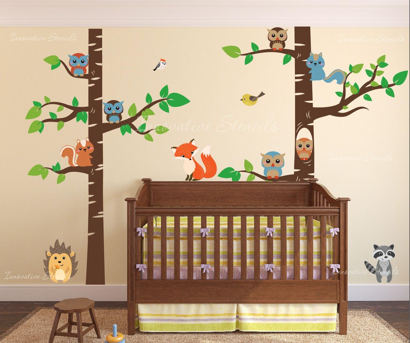 Innovative Stencils Birch Tree Wall Decal Forest with Owl Birds Squirrels Fox Porcupine Racoon Vinyl Sticker Woodland Children Decor Removable #1327 (108" (9ft) Tall, Custom - Contact Us)