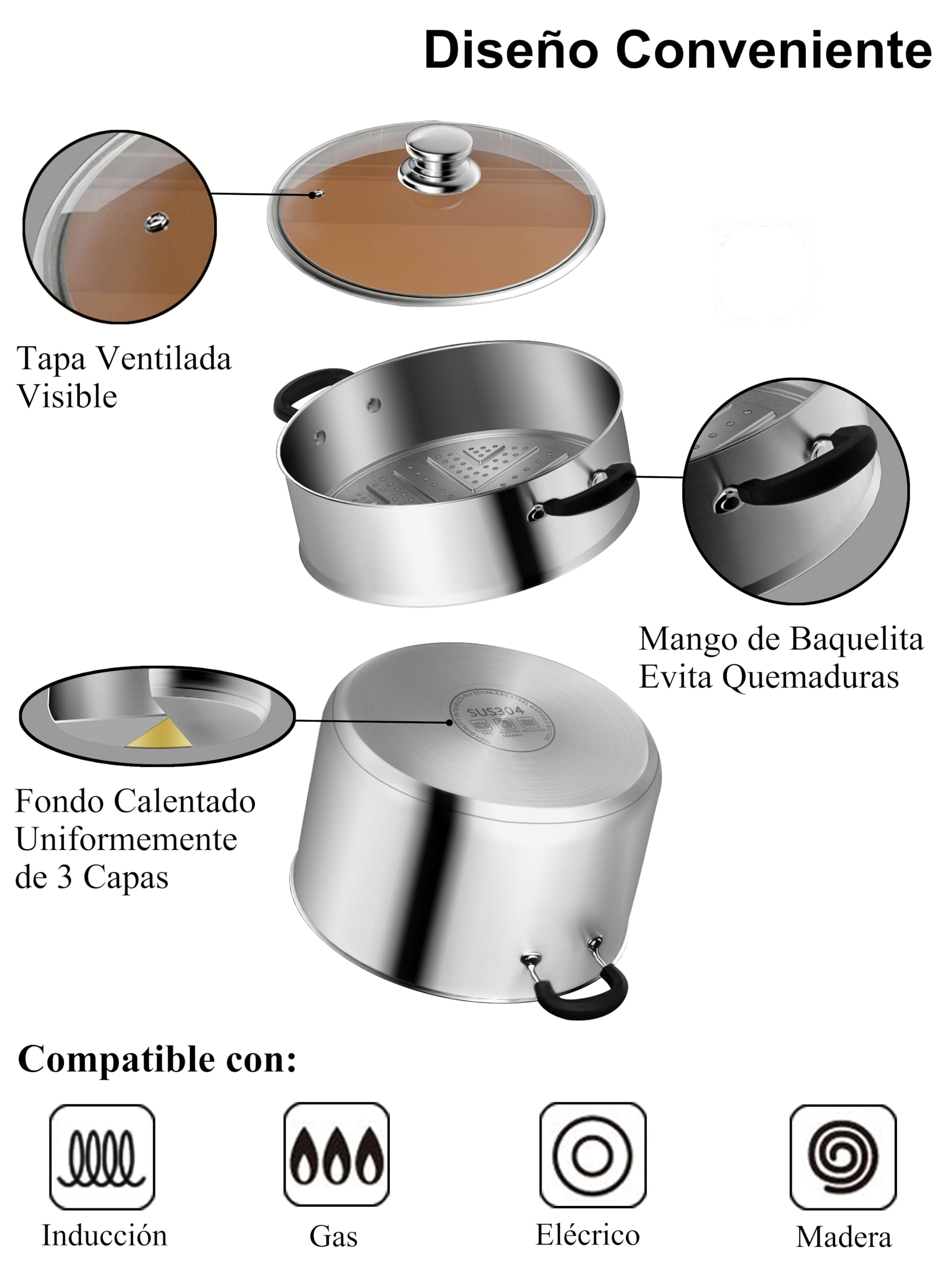 VENTION Olla Vaporera Acero Inoxidable 20 cm, Cuscusera Induccion Pequeña 3,4 litros, Olla para Cocinar al Vapor