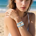 Mikovivi 7pcs Summer Beach Bracelets, Stackable Beaded Sea Shell Starfish Surfer Anklet Jewellery Set Boho Bohemian Holiday Seashell Jewelry Gift for Woman