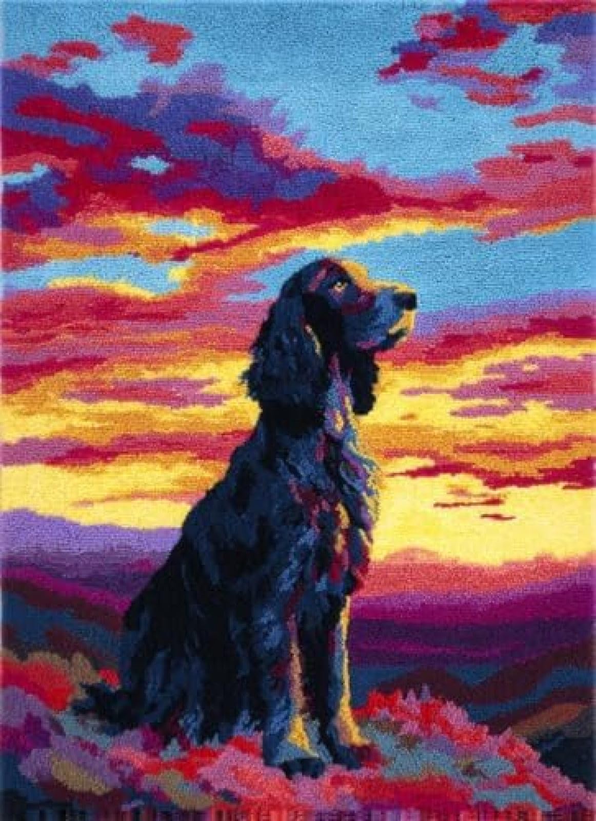 XDEGHUANGSS Latch Hook Rug Kit English Setter Dog Sit Under Sunset with Pre-Printed Mat Cover DIY Cushion Crochet Yarn Hooking Craft Set for Floor Decor 38x52cm