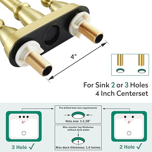 Miniatura 5 de CREA Grifos de baño de oro cepillado, grifo de baño central de 4 pulgadas, 2 agujeros, doble asa, grifos de lavabo de baño con grifo de drenaje