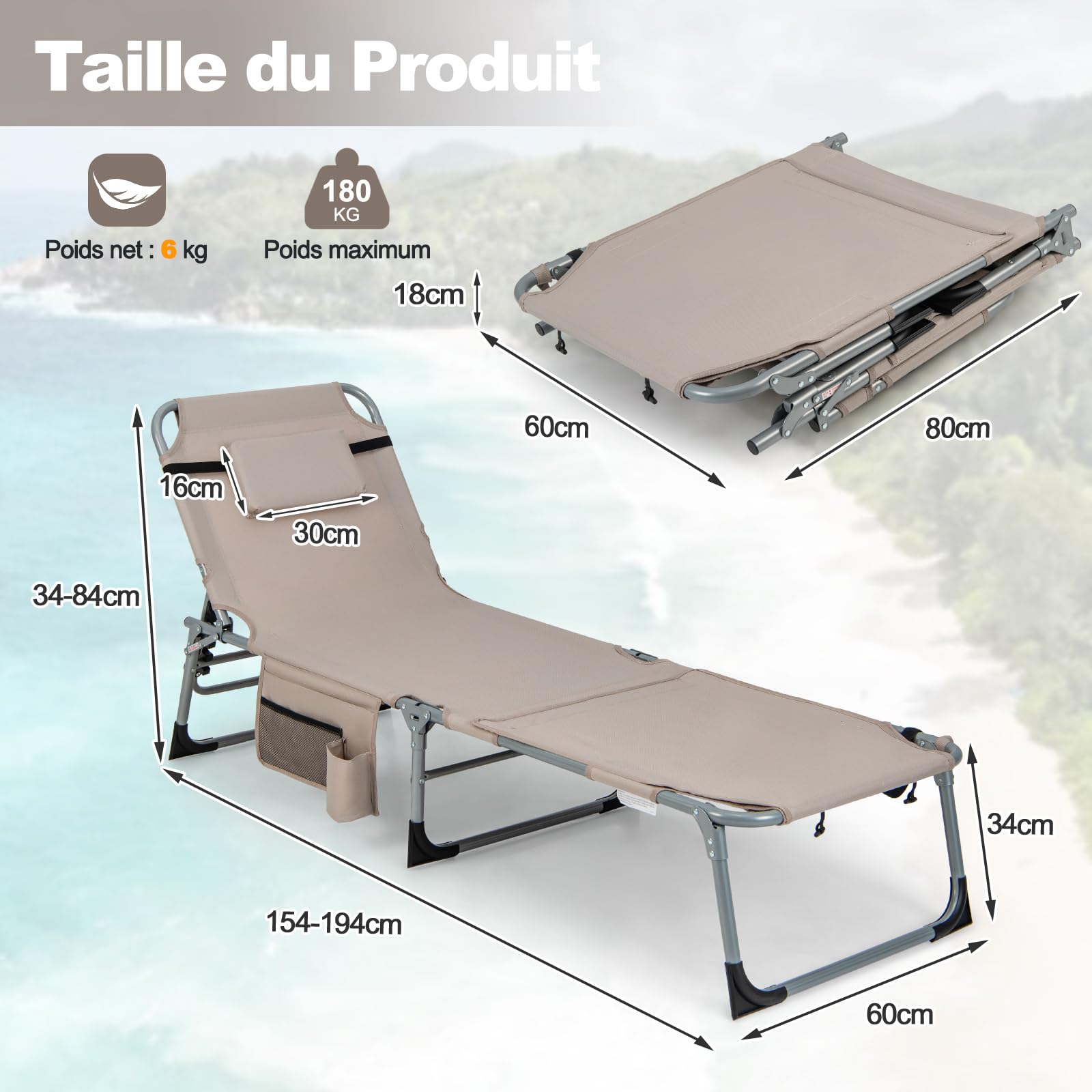 GIANTEX Chaise Longue Jardin Exterieur Pliante, Trous pour Visage et Bra, Transat Jardin Exterieur, Oreiller, Poche Latérale, Bandoulière, Poignée, Dossier Réglable à 5 Positions, pour Piscine, Sable