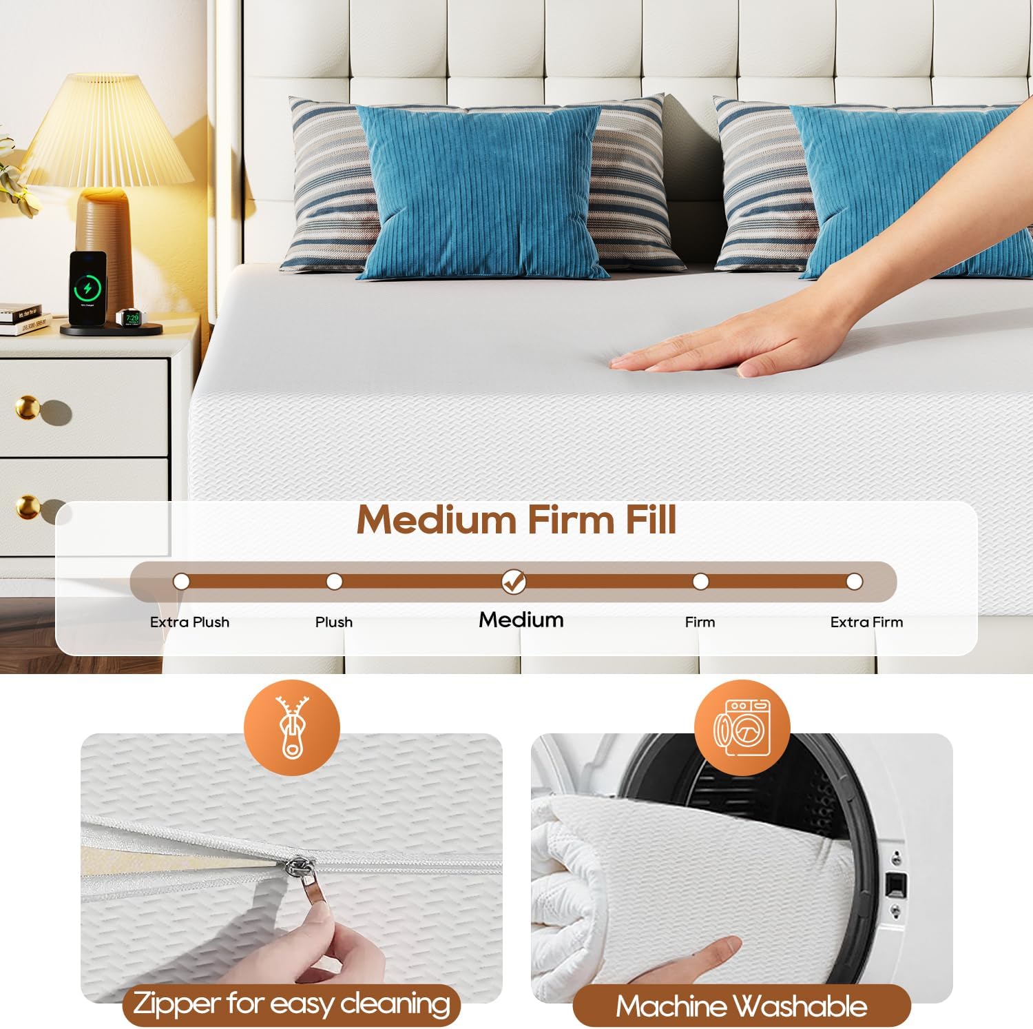 FDW 14 Inch King Mattress, Medium Firm Base Foam, Breathable & Comfortable with Removable Washable Zipper Cover, Bed in a Box, CertiPUR-US Certified, White