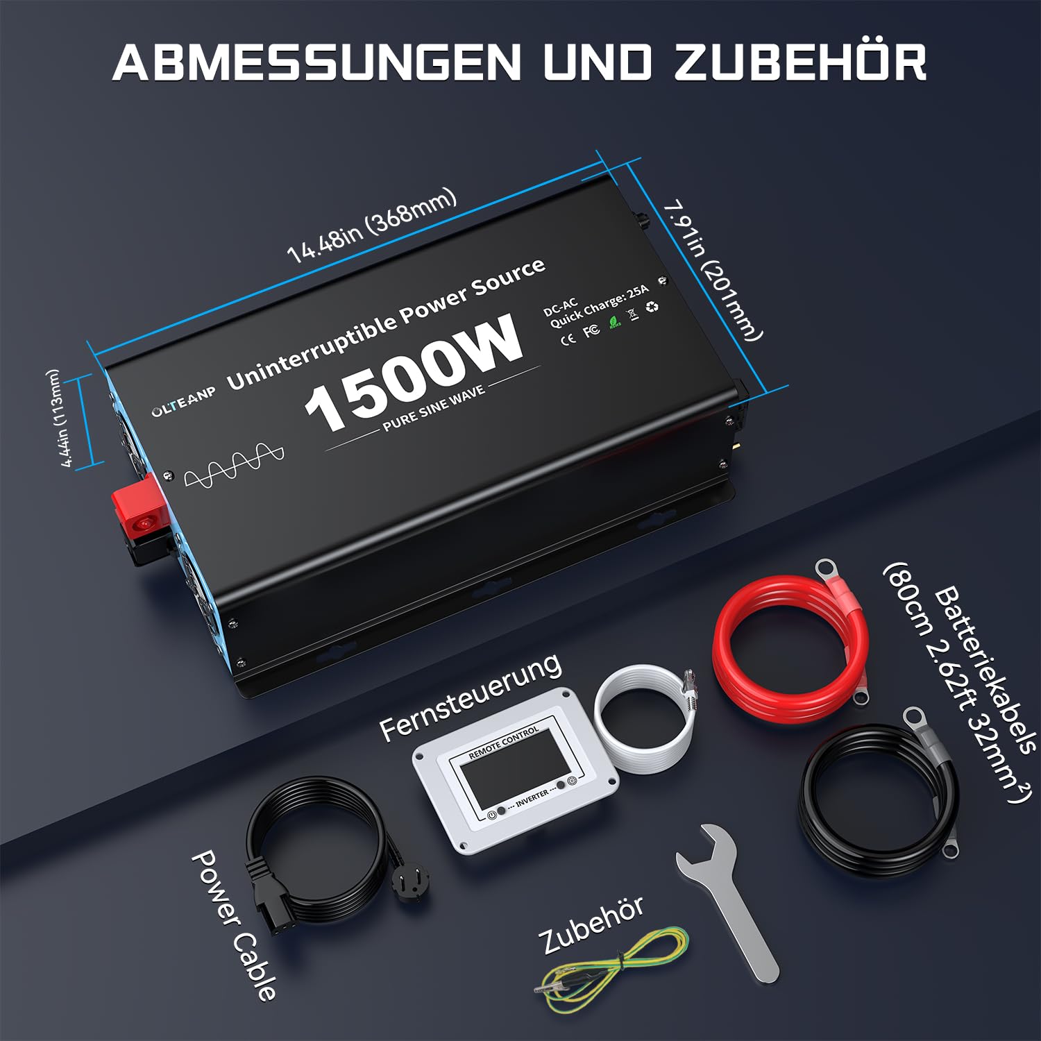OLTEANP 1500W Wechselrichter12V auf 230V Reiner Sinus,Spannungswandler mit Netzvorrangschaltung und ladefunktion und USV Funktion,Fernbedienung mit LCD-Bildschirm, Automatische Umschaltung für Netz