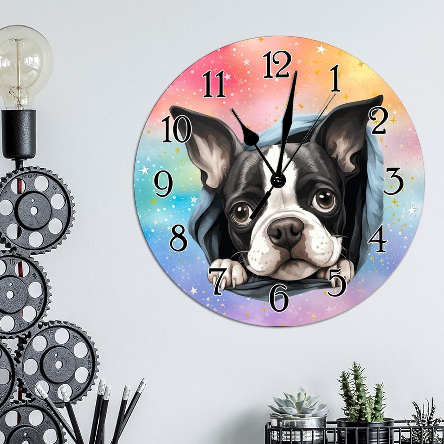 Wood Clock Boston Terrier Wooden Decorative Wall Clock Boston Terrier Peeking Dog in Crack Hanging Wall Clocks Non-Ticking Battery Clock New Puppy Dog Clocks for Living Room 12x12in