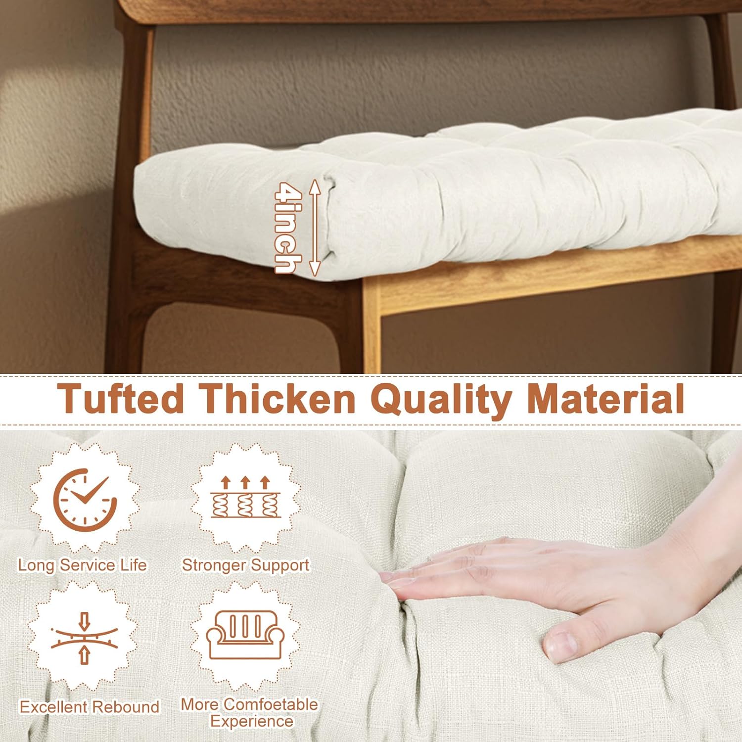 Drydiet 2 Pack Outdoor Bench Cushion, 42 x 16 Inch Waterproof Indoor Furniture Cushion Non Slip Tufted Bench Seat Pads Memory Foam Long Patio Chair Cushions for Home Porch Swing Garden Couch (Beige)
