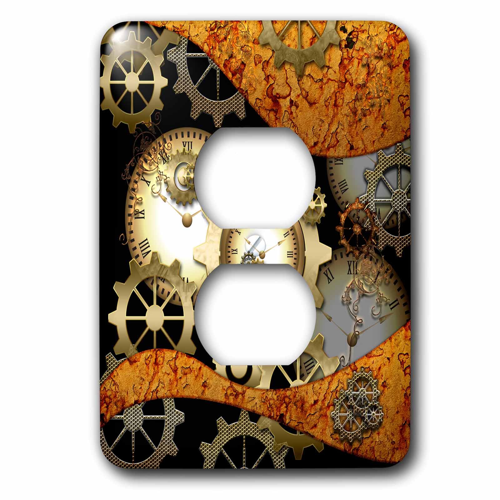 Horloges et engrenages steampunk double plaque de prise multicolore 3D Rose