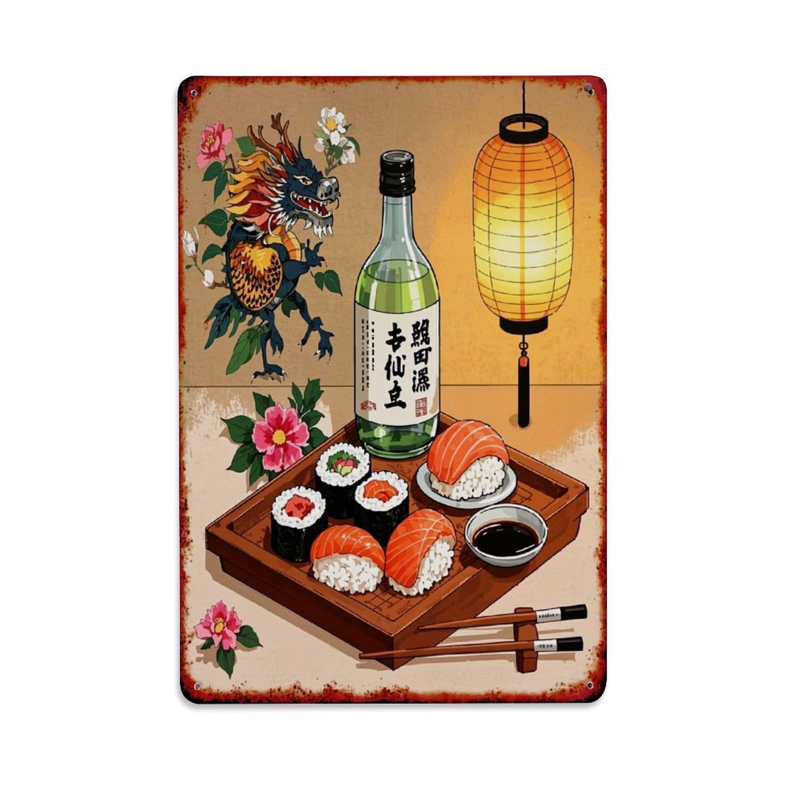 Jdyaojiesheng Vintage Dragon Sushi Bottle Lantern Flower Tin Sign Retro Metal Wall Decor Metal Poster, Home Bar Garage Farmhouse Cafe Wall Art Decoration 8X12inches