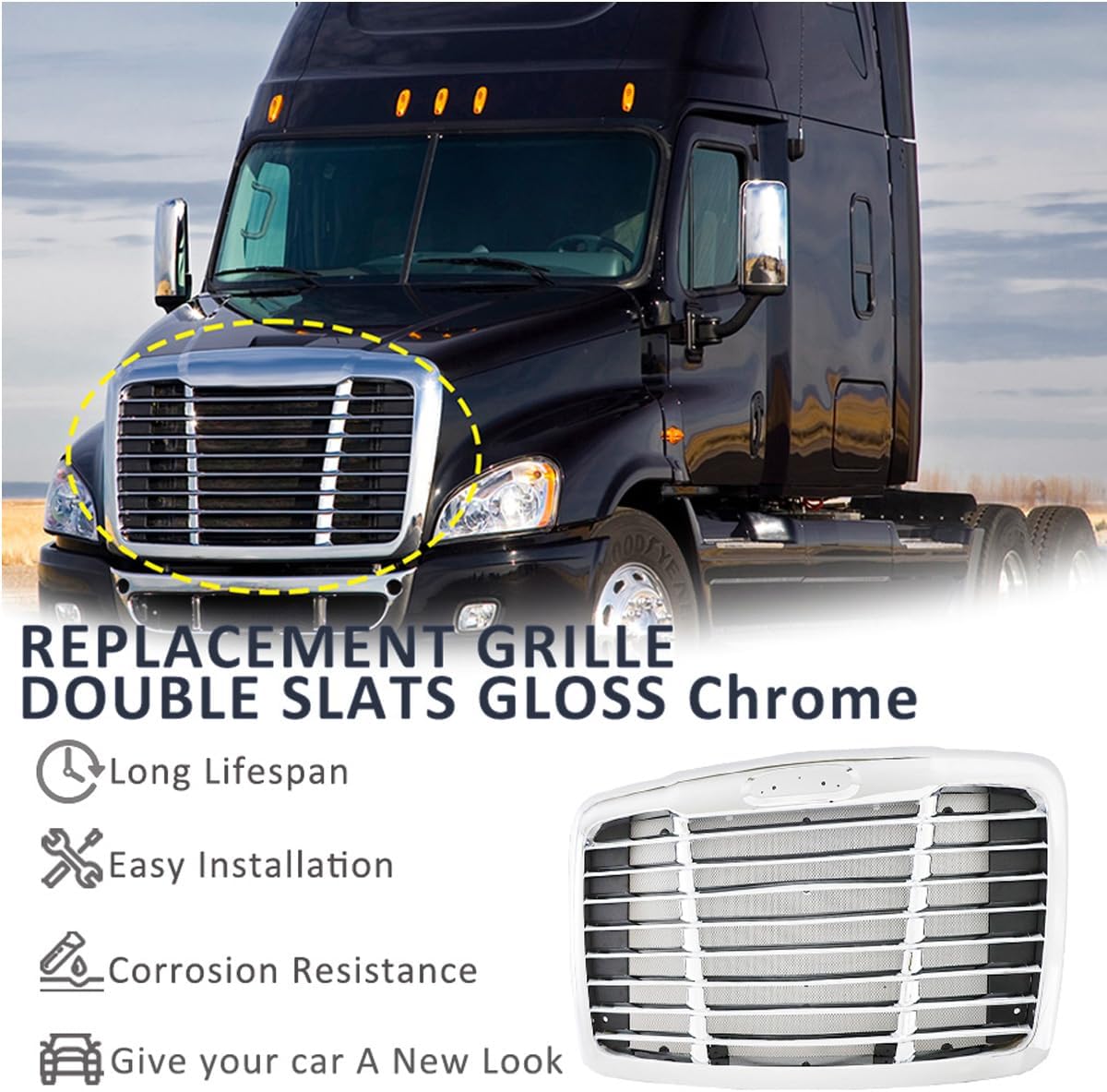 Front Hood Radiator Grille With Bug Screen Compatible With 2008-2017 Freightliner CASCADIA Bug Screen Front Grill ABS Plastic ((Chrome (Silver)) with Bug Screen)