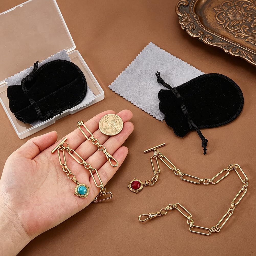 PH PandaHall 2pcs Golden Pocket Watch Chain for Men Brass Curb Link Key Chain with Synthetic Turquoise Pendant Decorations 12.4 inch Vintage Vest Chains for Business Social Formal Decoration Gift