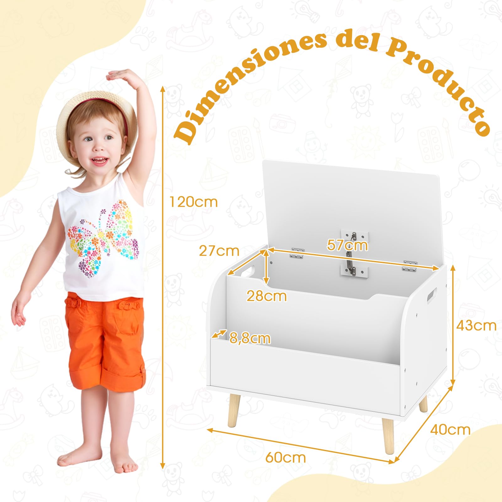 COSTWAY Baúl de Almacenaje, Caja de Juguetes de Madera para Niños con Estantería, Organizador de Juguetes con 4 Patas de Madera Maciza, Tapa Abatible, Bisagra de Seguridad (Blanco)