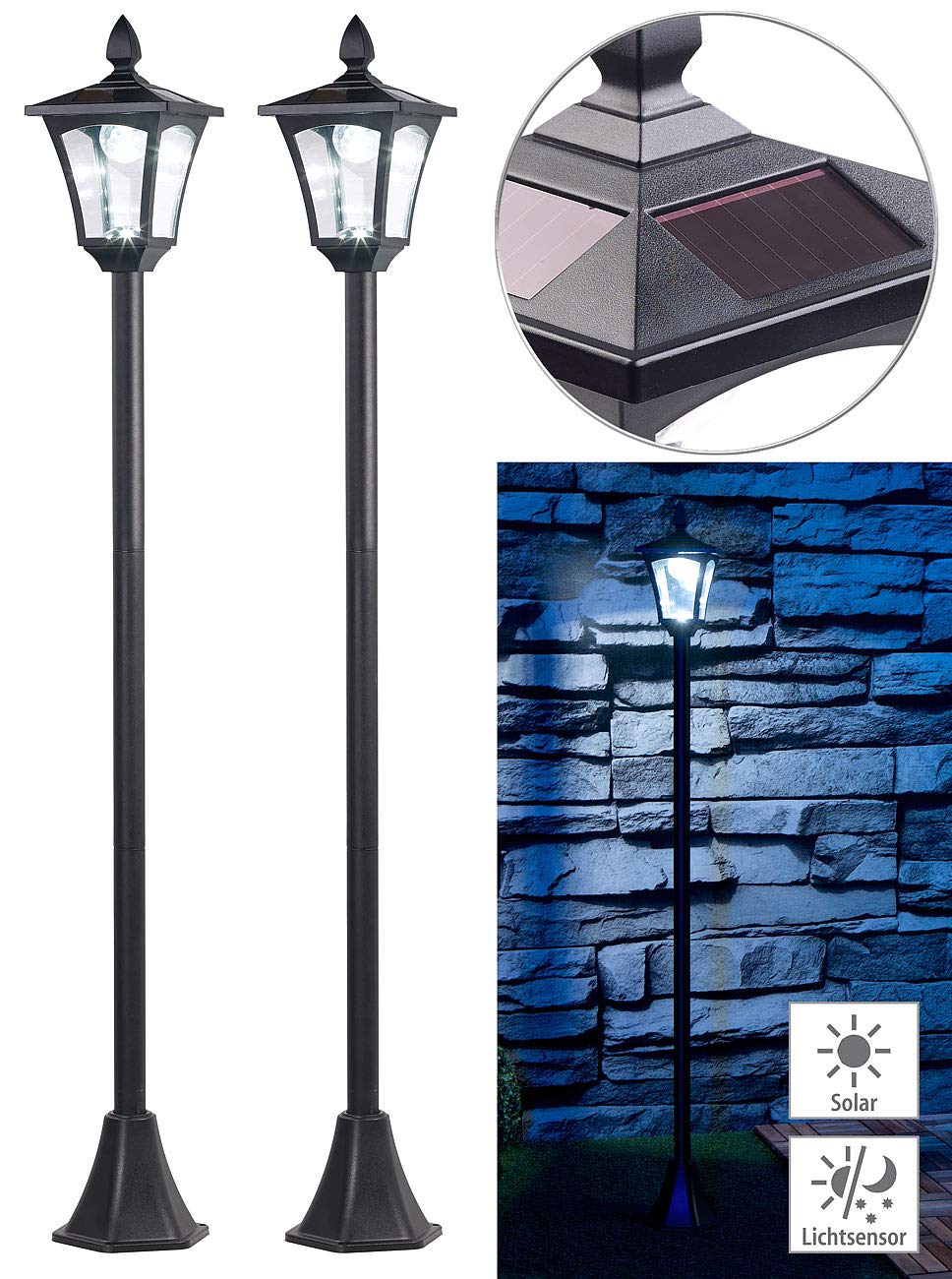 Royal Gardineer Standlaterne: 2er-Set Solar-LED-Gartenlaternen, Dämmerungssensor, 40 lm, dimmbar (Solarlaterne für außen, Solar-Gartenlaterne Solarleuchte, Garten)