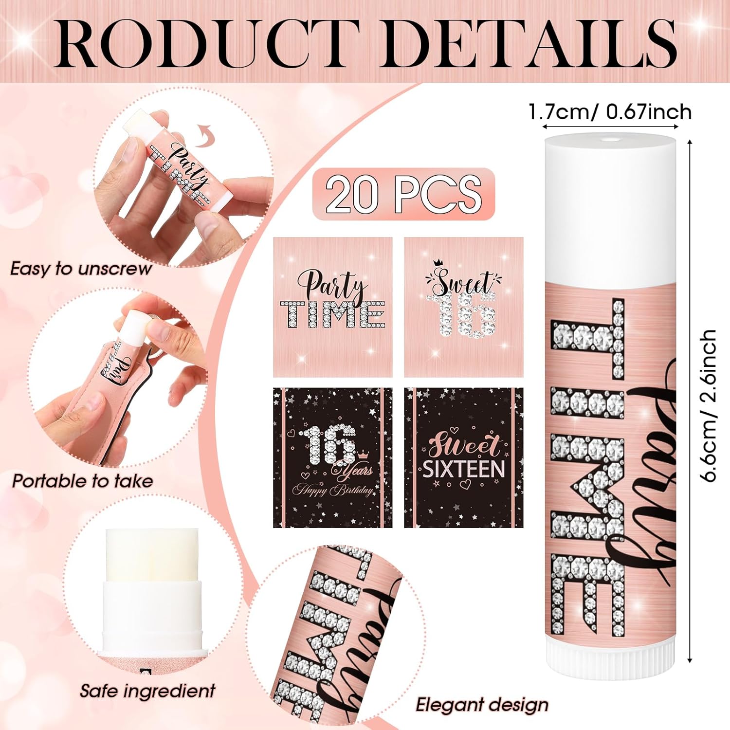 20 Sets Sweet 16 Party Favors Pink and Black Lipstick Bulk with Lip Balm Holder Keychain Lip Balm Lipstick Sleeve for Girls 16th Birthday Decorations Guest Gifts Supplies - Image 2