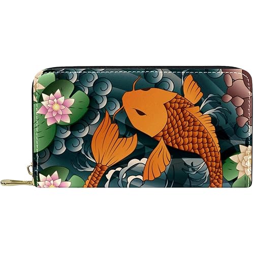 Leather Wallet for Men,Long Wallet for Women,pond koi lotus fish,Purse Card Wallet Womens Mens Wallet Zipper