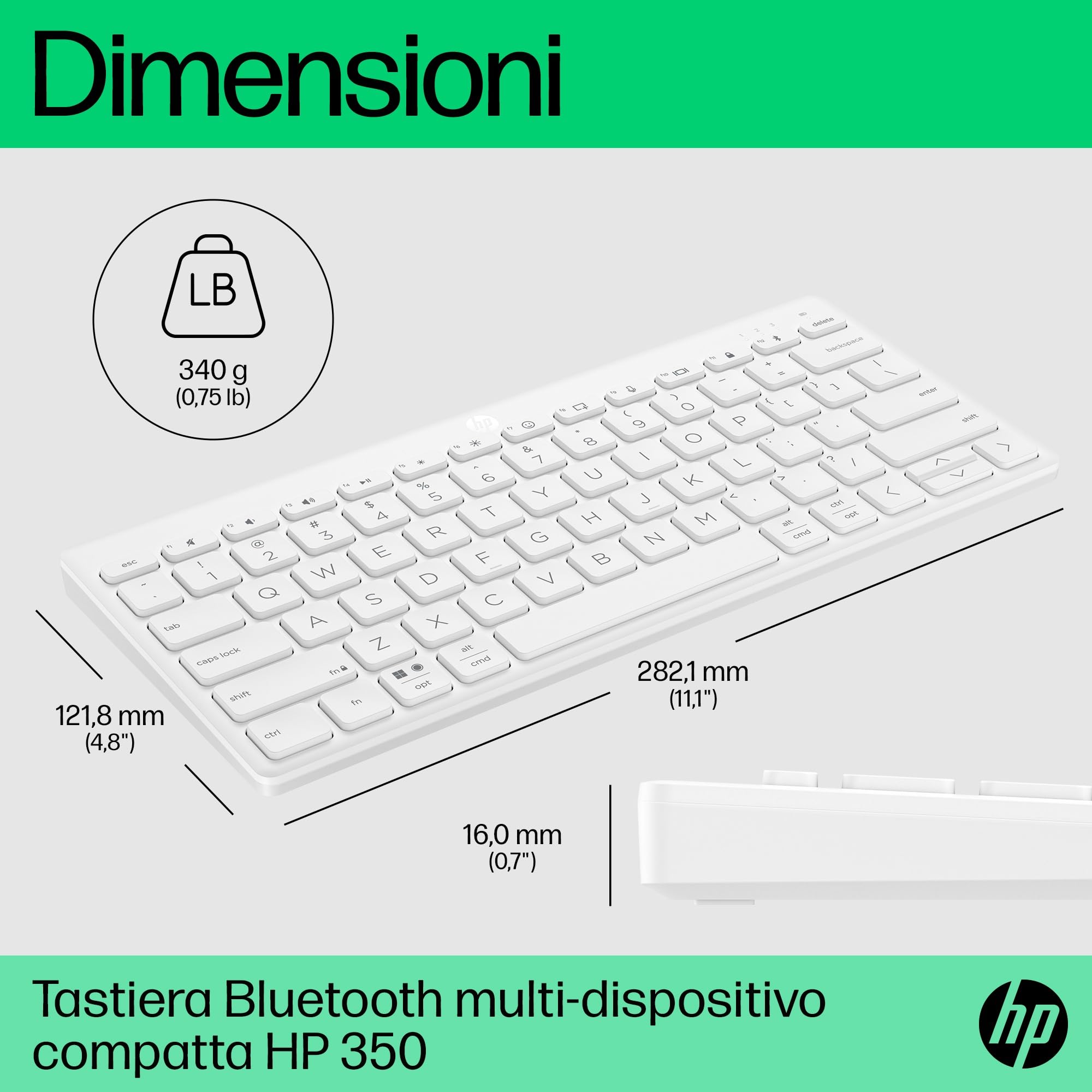 HP 350 Tastiera Wireless e Bluetooth 5.2, Connessione Multi-dispositivo, Qwerty, Layout Italiano, Emoji, Autonomia fino a 2 anni, Compatibile con Windows, Android, Chrome OS, MacOS, iPadOS, Bianca