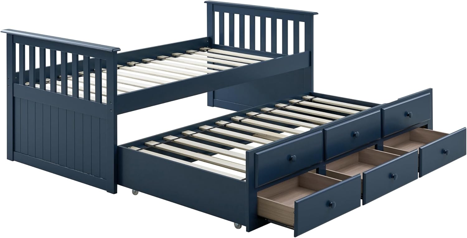 Aurelia Twin Captain Bed with trundle fully extended and drawers open.