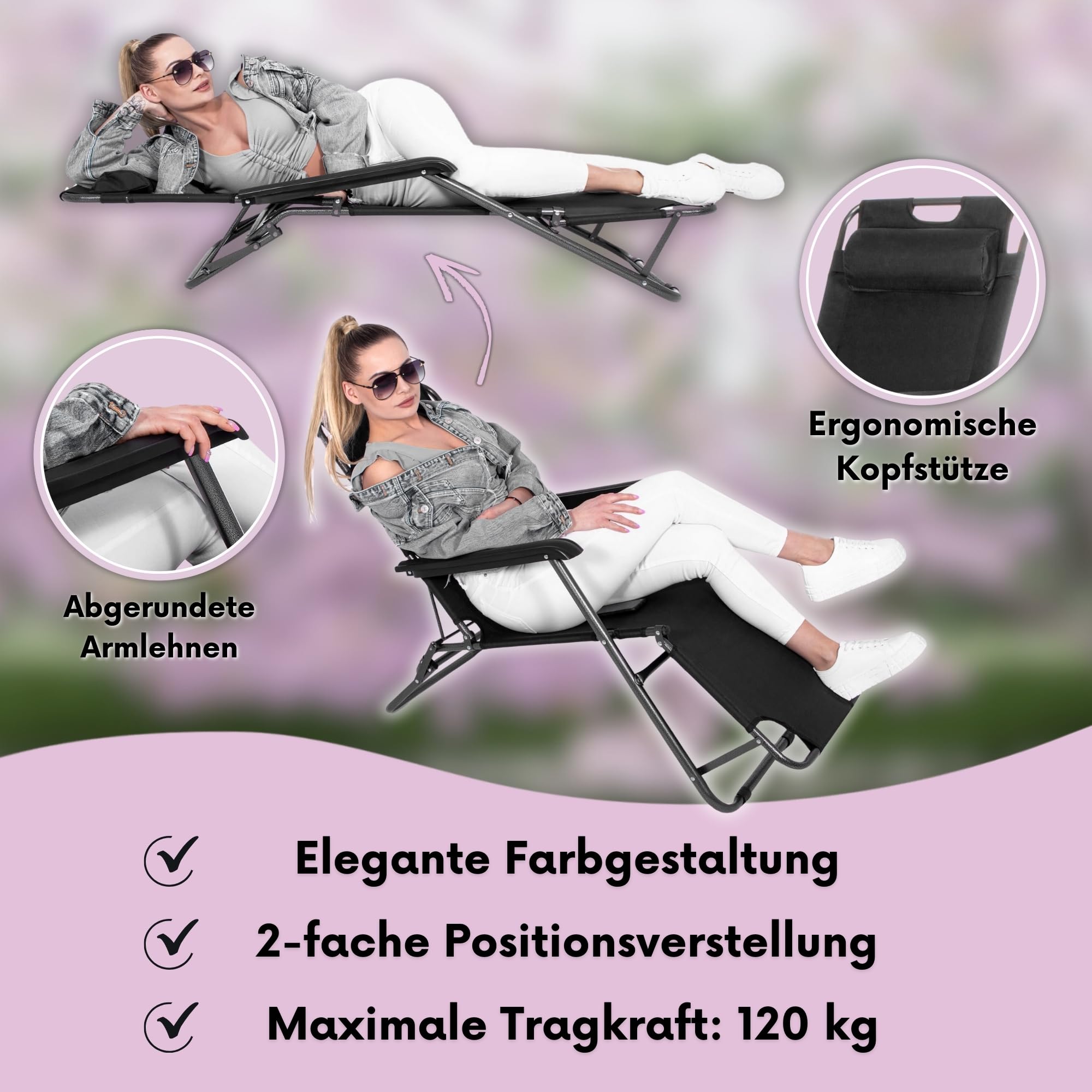SPRINGOS Gartenliege extra hoch klappbar - Sonnenliege Balkon mit Liegefunktion & Kopfkissen - Relaxsessel Outdoor, Kippliege Garten wetterfest & klappbare Bäderliege - 60 x 120 x 85 cm