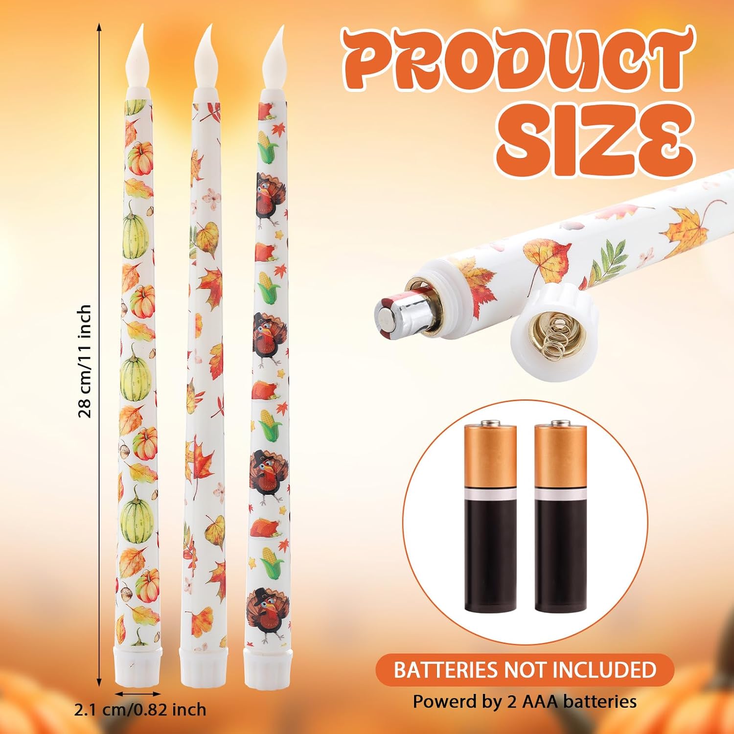 6 Pcs Thanksgiving Flameless Taper Candles 11 Inch Harvest Battery Operated LED Fall Leaves Pumpkin Turkey Candles Table Centerpiece for Home Party Decor