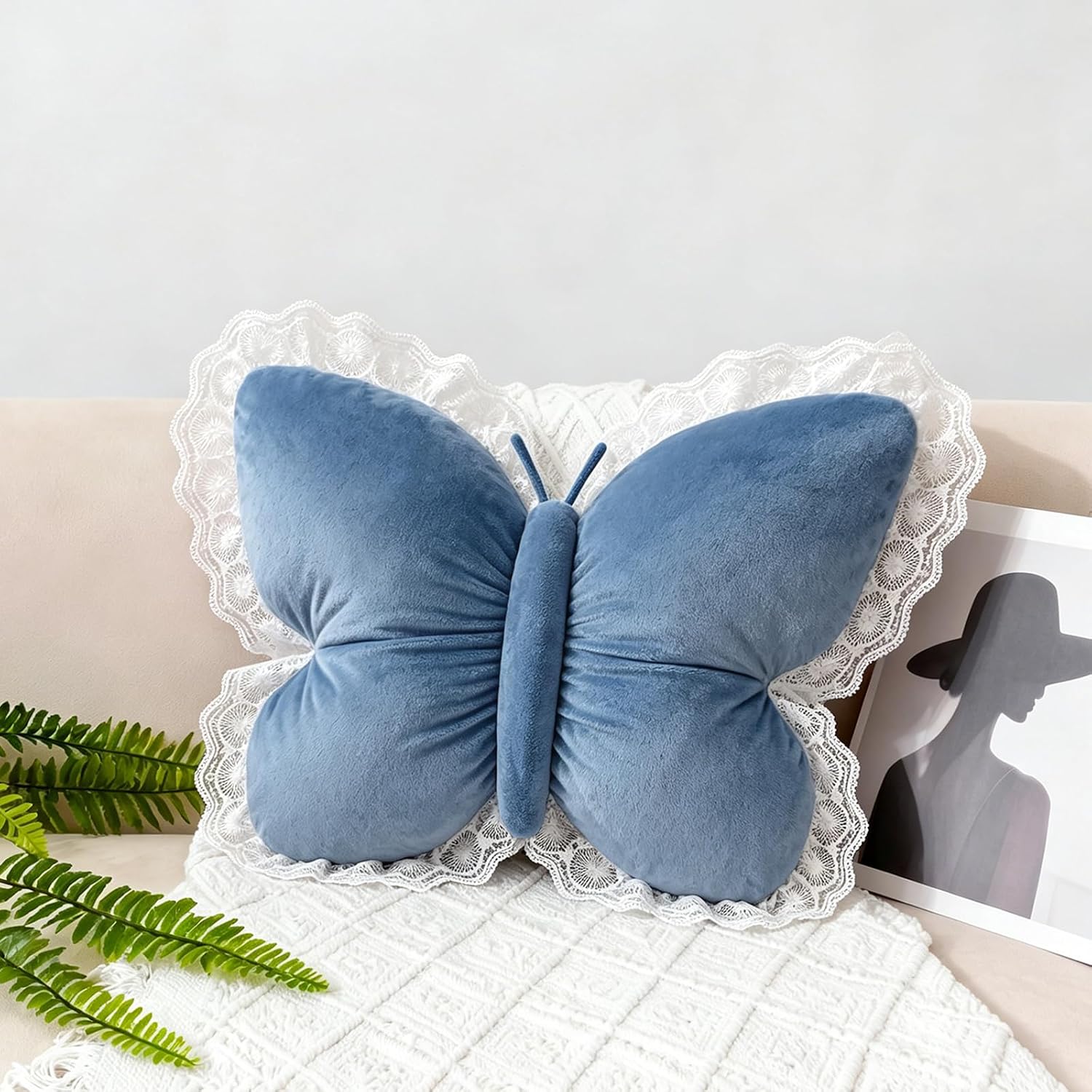 PEACH CAT Butterfly Pillow with Lace Trim Decorative Butterfly Shaped Throw Pillows 16" x 16" Soft Plush Cushion Decor for Bedroom Living Room Sofa Couch Pink
