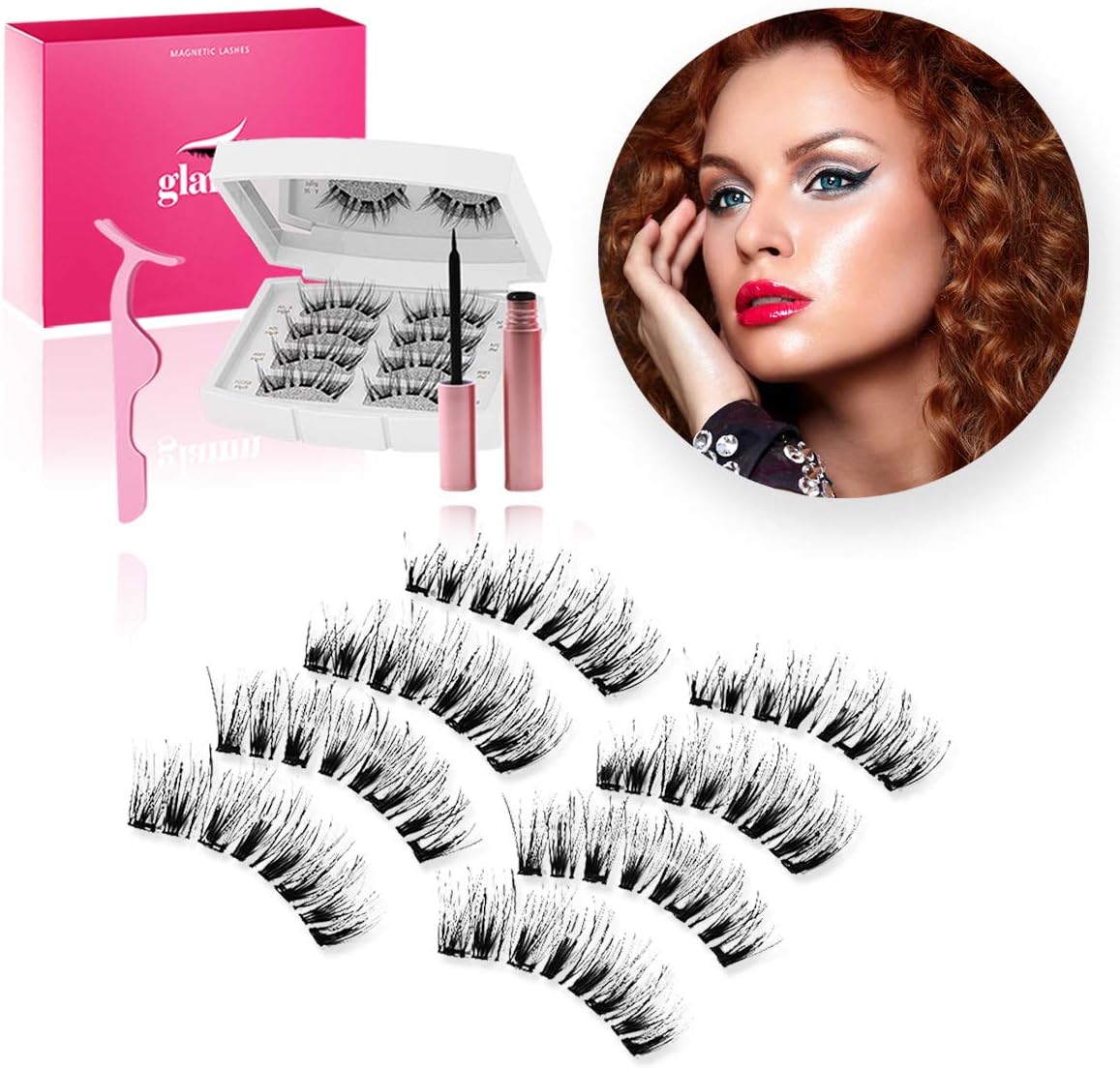 Glamm Magnetic Eyelashes w/Eyeliner 4 Pairs Reusable, 3D, Waterproof, No Glue, Thick, Long, Natural Look Extension Kit w/Tweezers - False Fake Full Eye Lashes Magnet Set for Women, Makeup, Mascara
