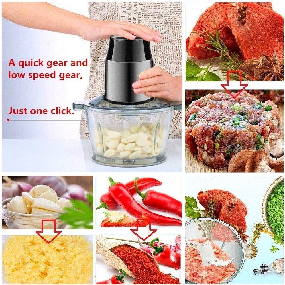 FEELING MALL Food Chopper, 2L Plastic Bowl Kitchen Mini Food Processor for Meat Vegetables Fruits or Nuts, 300W 4 bi-Level Blades Meat Grinder Blender Fast Slow 2 Speeds