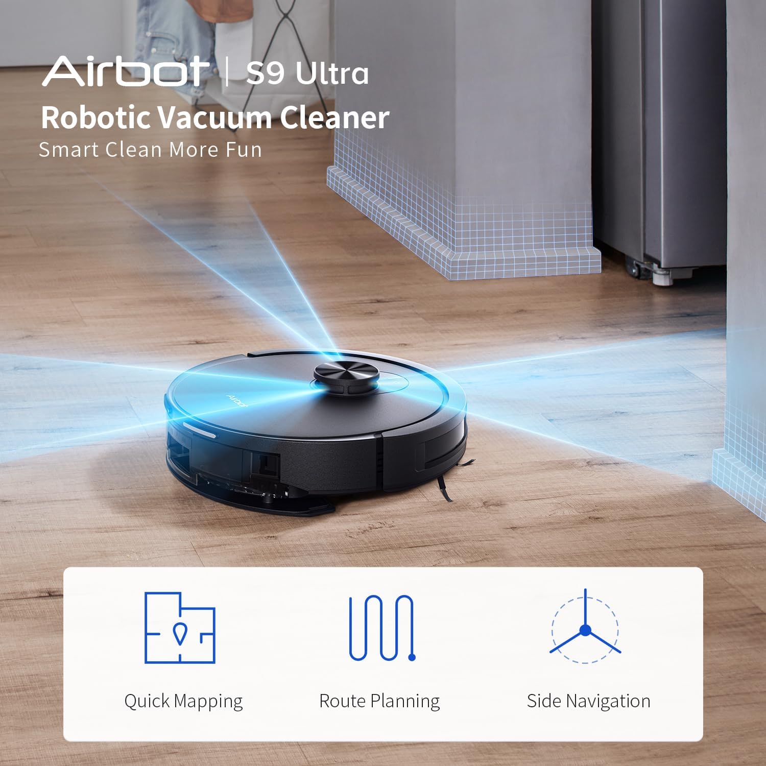 Airbot S9 Ultra Robotic Vacuum Cleaner demonstrating quick mapping, route planning, and side navigation