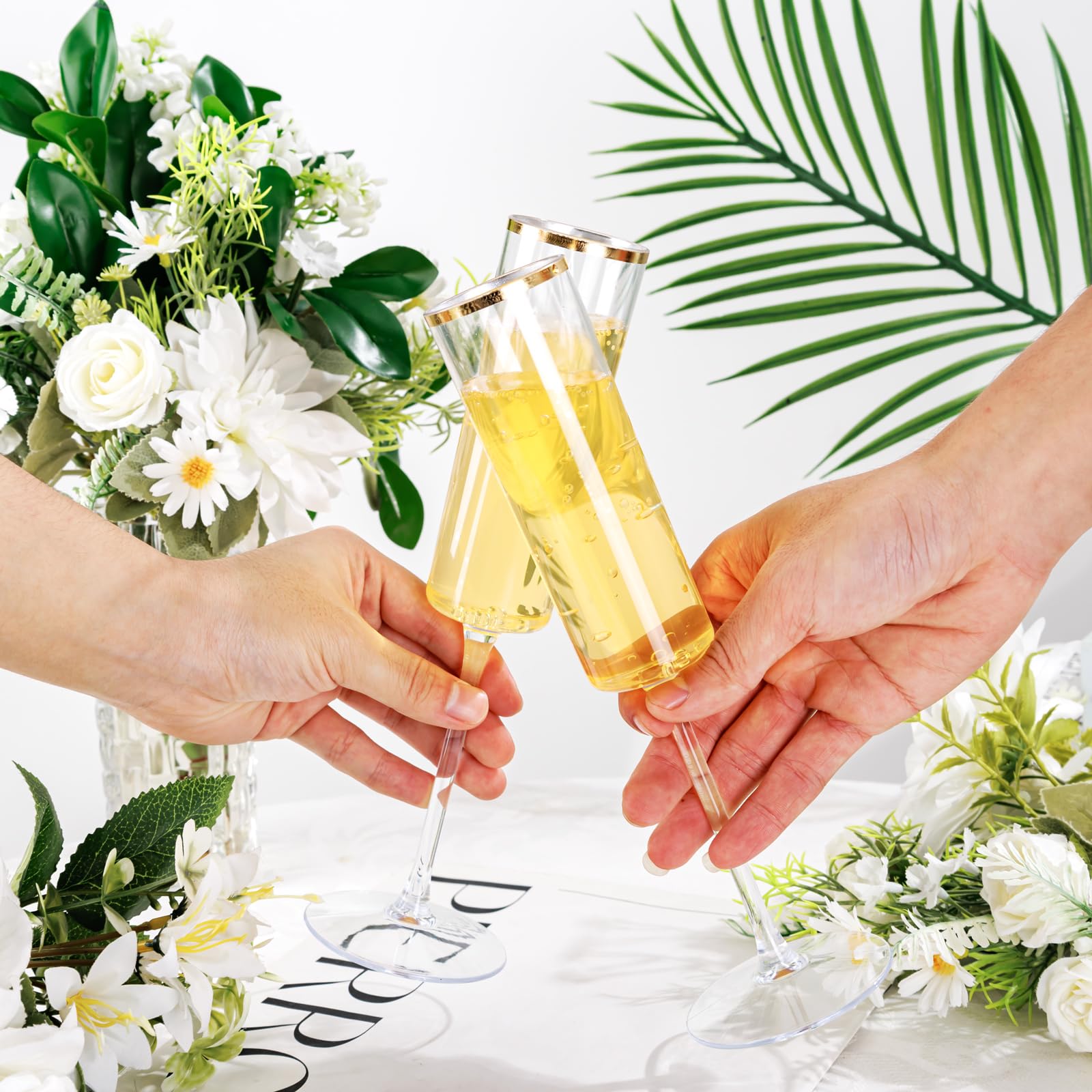 Ciaell Paquete de 24 copas de champán de plástico, transparentes y doradas, desechables de 6 onzas, vasos cuadrados de plástico para tostar, fiestas, cumpleaños, aniversarios, bodas