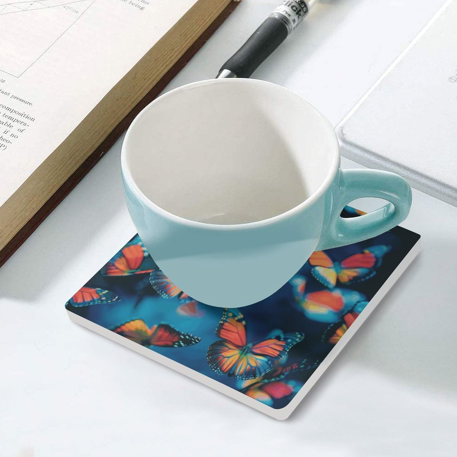 6 posavasos cuadrados de cerámica para bebidas volando en el aire, posavasos impresos para el hogar y el café, regalos de cumpleaños, adecuados para tipos de tazas