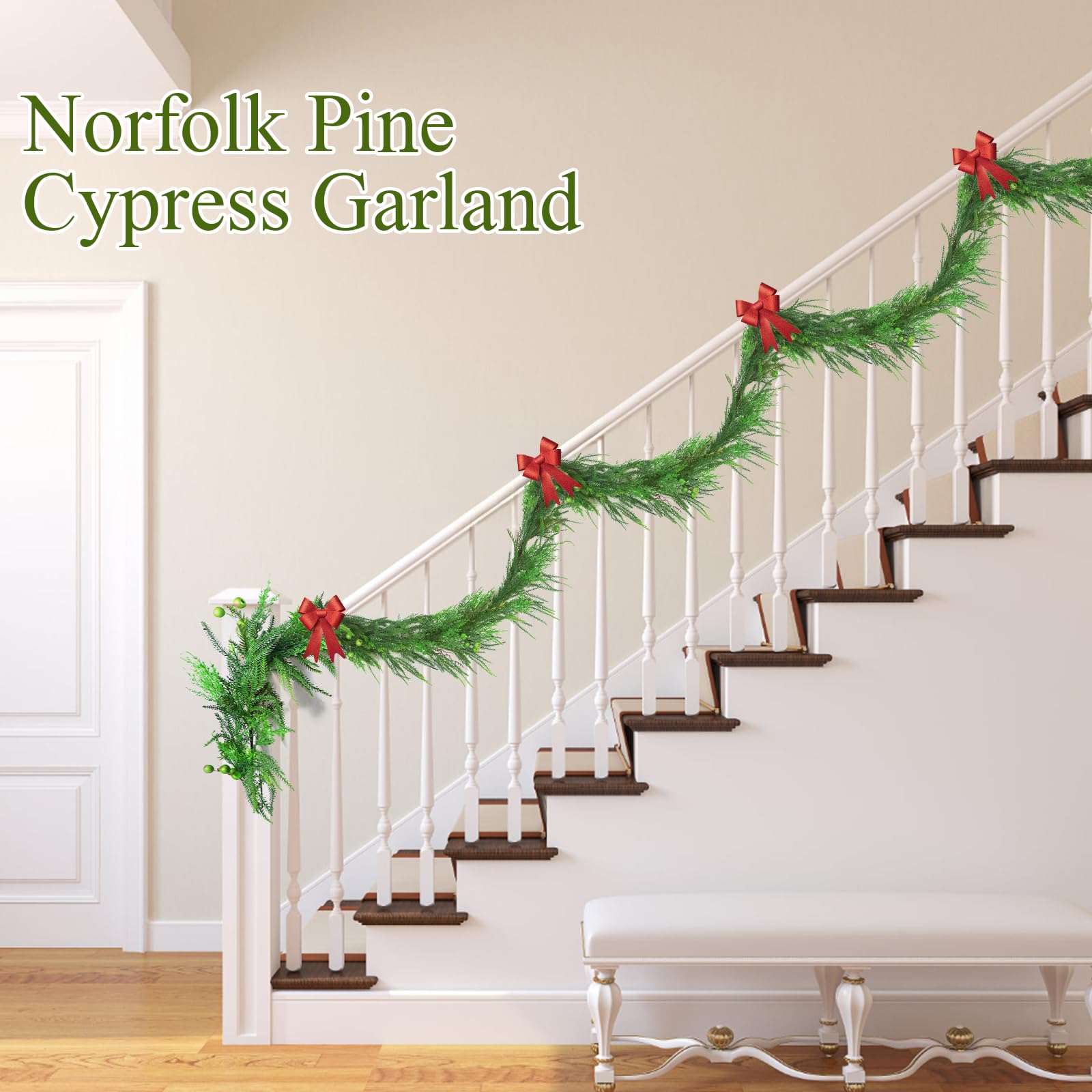 Norfolk Guirnalda de ciprés de Pino Artificial Suave con Bayas Verdes de 1,8 m, Guirnalda Verde al Tacto Real para Mesa, Chimenea, balaustrada de Escalera, Decoraciones navideñas