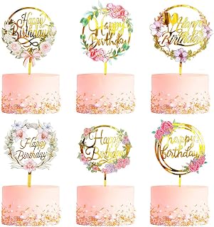6 Pièces Happy Birthday Cake Topper, CBGGQ Décoration de Gâteaux Fête Décorations, Acrylique Paillettes Cupcake Toppers pour Décorer Le Gâteau d'anniversaire pour enfants, mariage, mère (Fleurs 6 PCS)