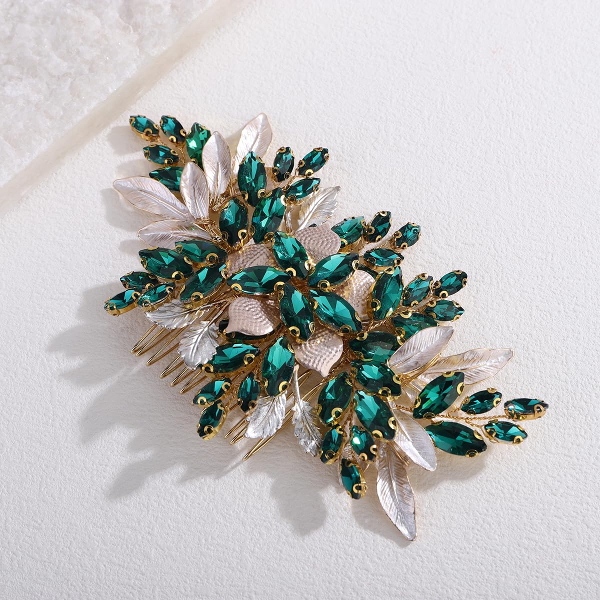 Xerling Handmade Wedding Green Rhinestone Hair Comb Floral Bridal Headpiece Brides Flower Hair Piece Accessories Vintage Side Comb for Women (Green)