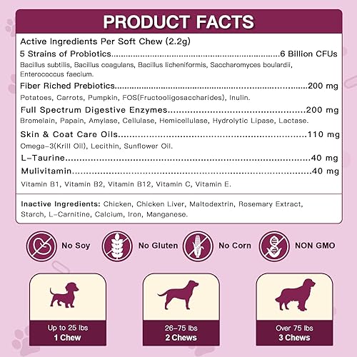 Miniatura 5 de Probióticos para perros, probióticos para perros para la salud digestiva, 6 mil millones de UFC, con prebióticos y enzimas digestivas, calabaza y