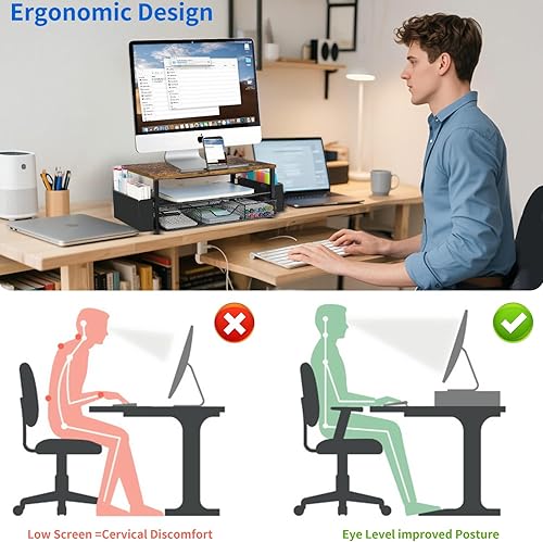 Miniatura 2 de AUPSEN Organizadores y accesorios de escritorio de madera, soporte elevador para monitor de computadora de 2 niveles con cajón, almacenamiento