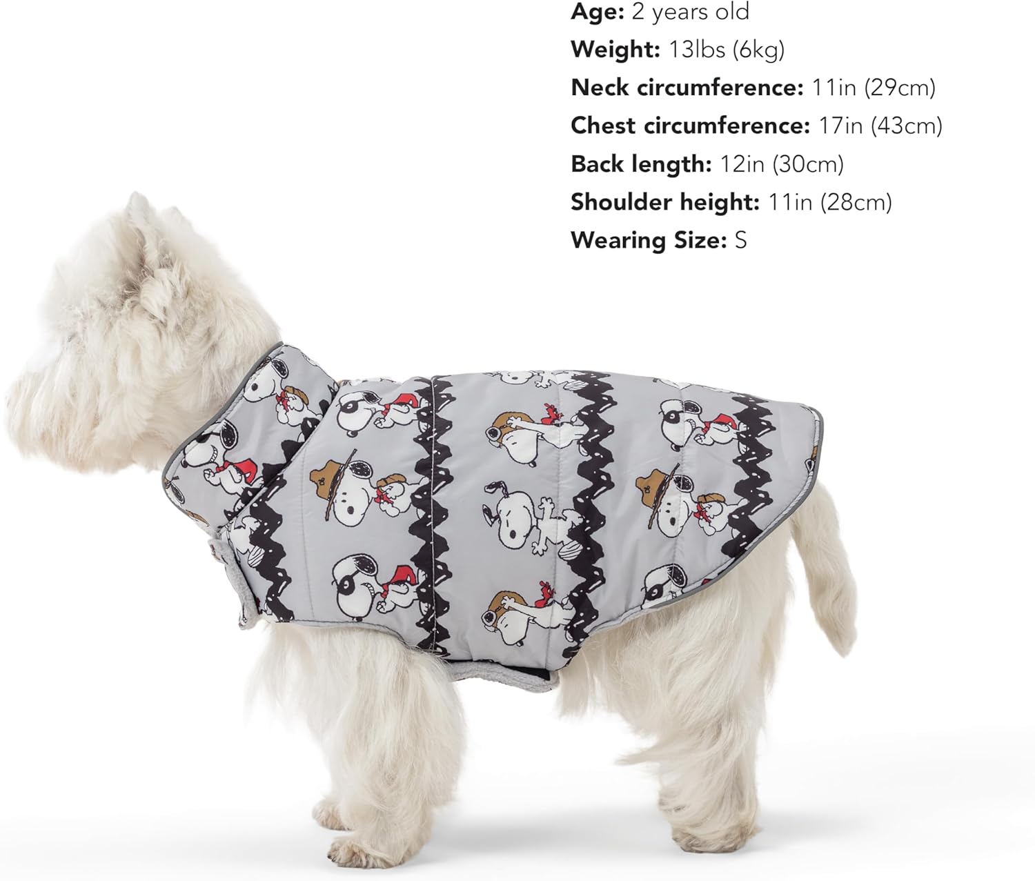 Berkshire Peanuts® Microfleece Dog Coat, Warm Fleece Dog Jacket with Waterproof Shell, Hook & Loop Design for Small, Medium, or Large Dogs (Extra Large, Zigzag Many Faces of Snoopy Small Chateau Grey)