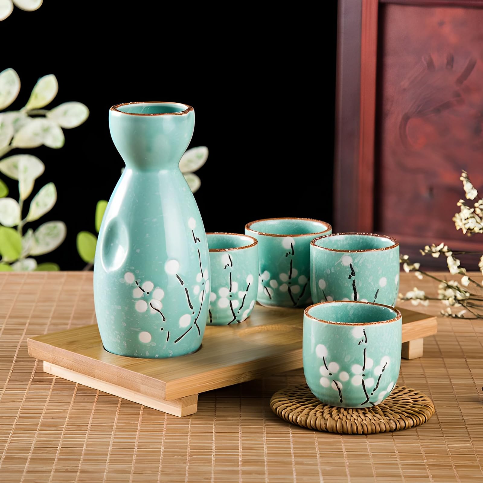 Sake Set,5-teilig Handbemalt Japanisch Kirschblüte Sake Becher Warm Wein Topf Traditionellektassen Weingläser Basteln Geschenk(Cyan)