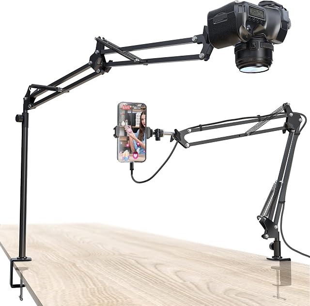 CACENCAN Overhead Camera Mount, 5lb Horizontal Load-Bearing, 360° Adjustable Stand for Desk, Flexible Camera Arm Desk Mount, with Phone Clamp, Tabletop Mount for DSLR Camera/Webcam/Microphone
