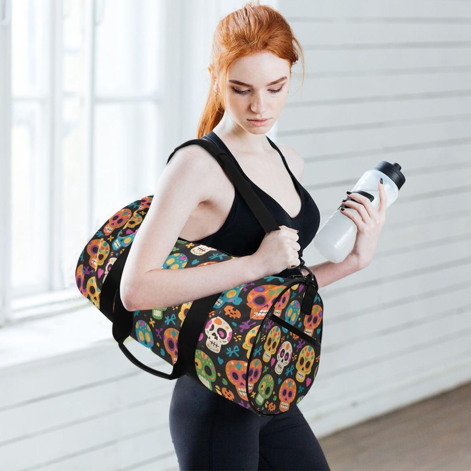 MNSRUU Sports Duffel Bags, Skull Black Athletic Gym Bag Overnight Workout Travel Tote Luggage for Men Women Yoga