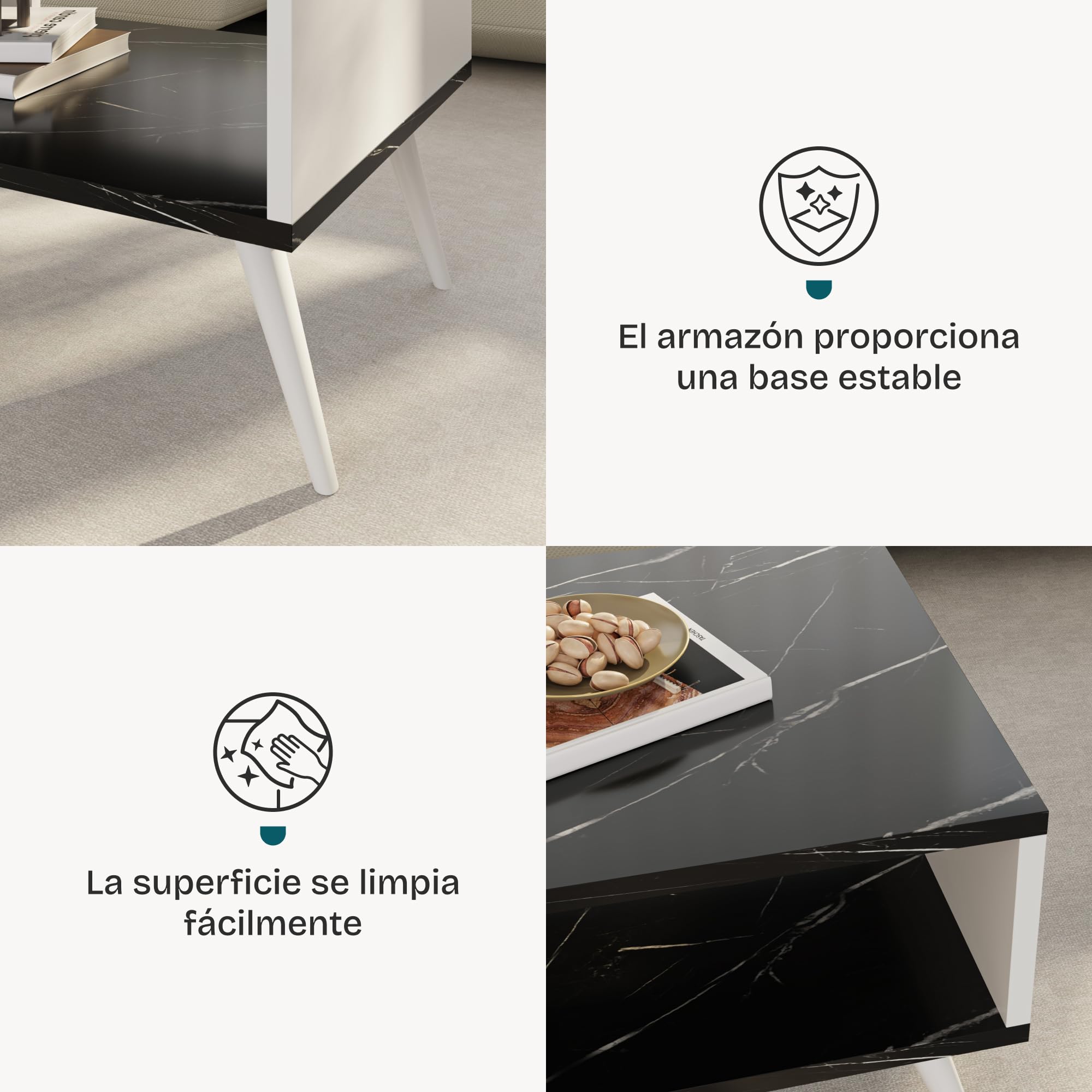 [en.casa] Mesa de Centro Rectangular Mesa Baja Estable con Estante para Salón Mesa Auxiliar Aglomerado 40 x 90 x 45 cm Mármol Negro/Blanco