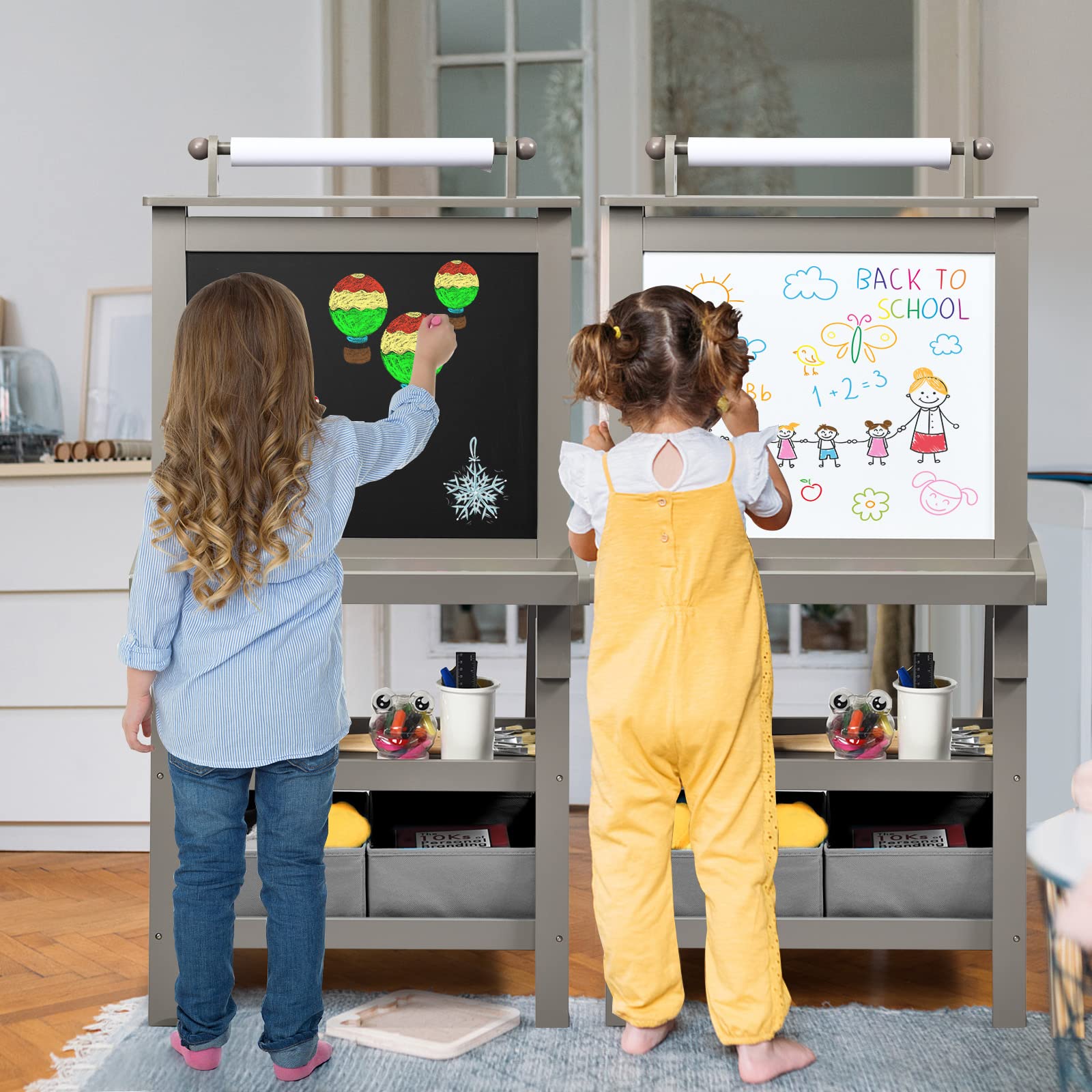 RELAX4LIFE 3 IN 1 Lavagna per Bambini, Cavalletto Pittura a Doppia Faccia, Lavagna Magnetica con Rotolo di Carta, Giocattolo Educativo 3+ Anni (Grigio)
