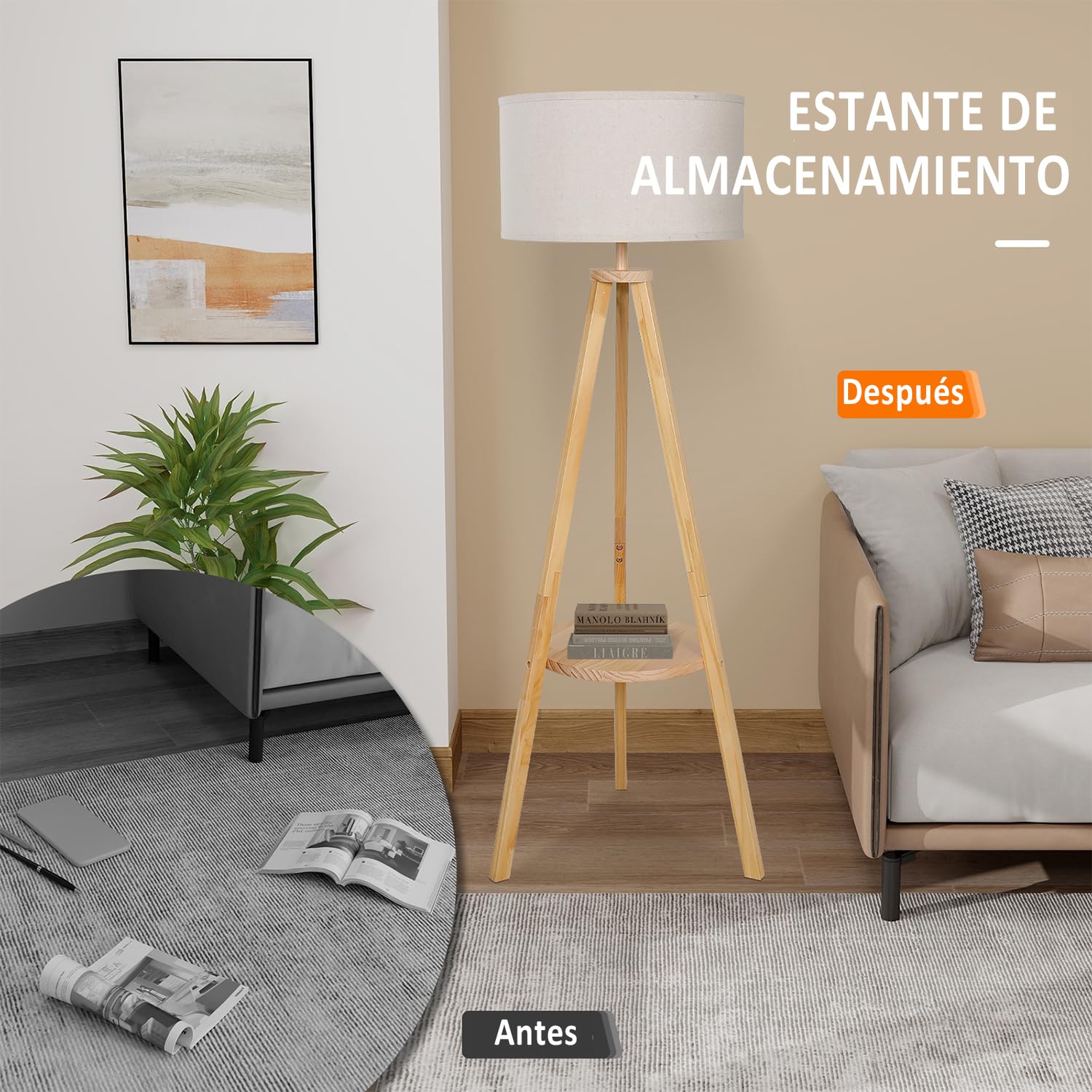 YU YUSING Lámpara de Pie con Estante 157 cm, Casquillo E27, Lámpara Salón Trípode para Dormitorio, Lampara de Lectura con Pantalla Lino Beige, para Salón Dormitorio Estudio Oficina (sin Bombilla)
