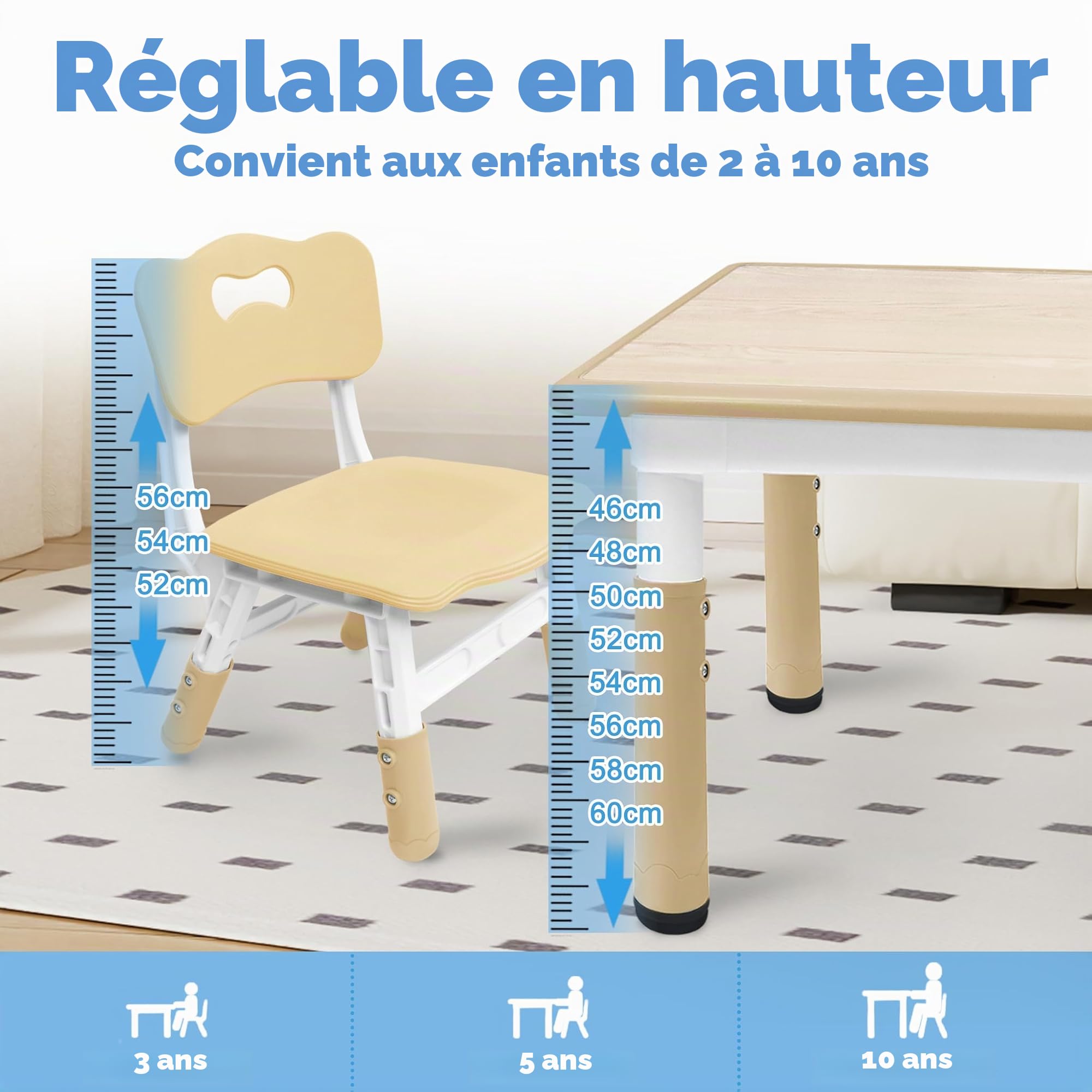 UISEBRT Table pour enfant avec 4 chaises, ensemble de sièges réglables en hauteur, pour enfants à partir de 2 ans, set de table en plastique, meubles pour maternelle et chambre d'enfant (couleur bois