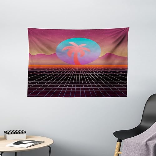 Miniatura 2 de Ambesonne Synthwave Tapestry, 80's Scene Retrowave Design with Palm Silhouette on Abstract Sun and Squares, Wide Wall Hanging for Bedroom Living