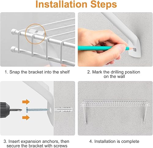Vista 6 de EEEKit 4 soportes de alambre para estanterías de alambre, soportes de estante de alambre blanco de 17 pulgadas, soportes de estante de armario