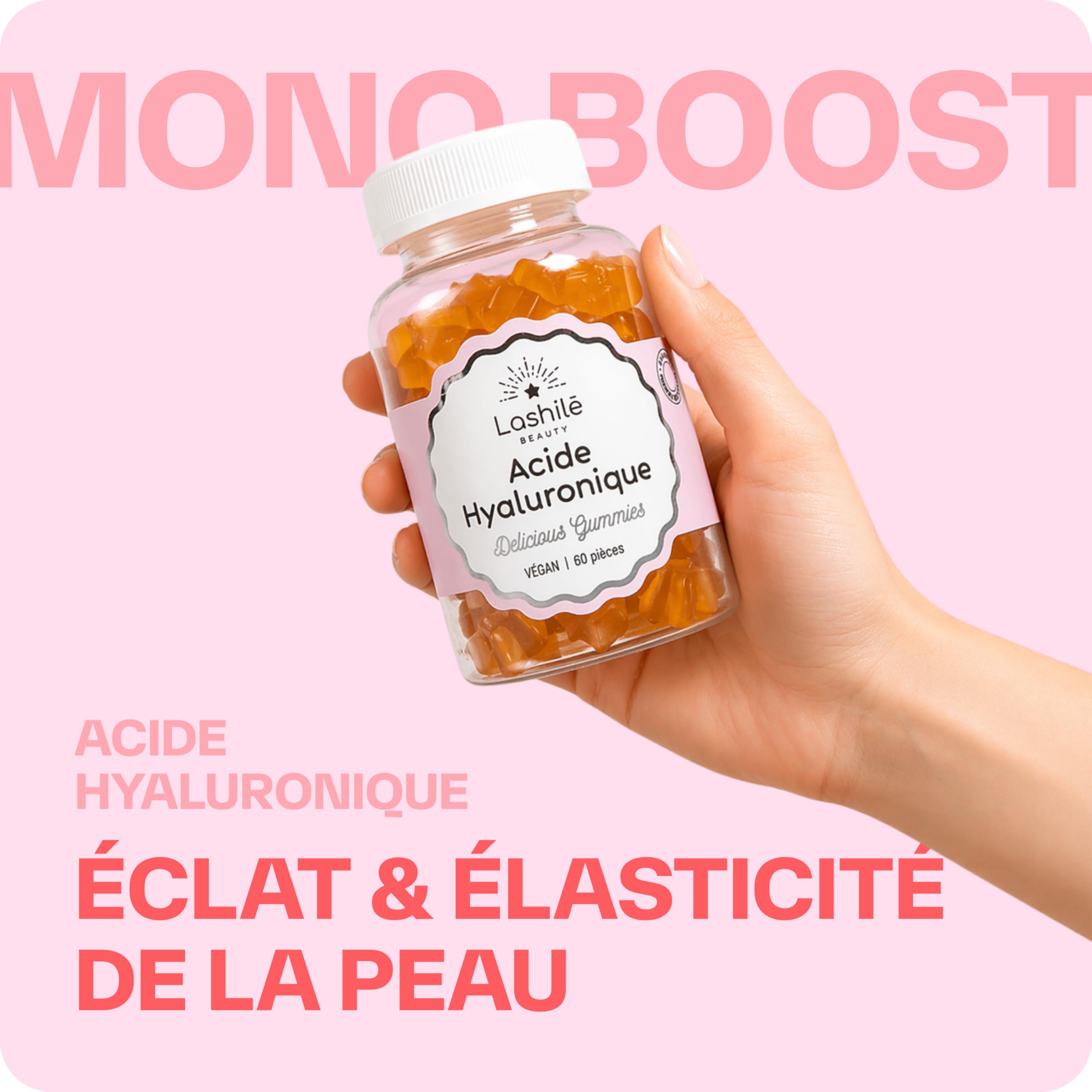 Lashilé Beauty - Complément Alimentaire - Favoriser l'éclat et l'élasticité de la peau - Mono Ingredient - Acide Hyaluronique - Made in France - Cure 3 Mois 180 Gummies