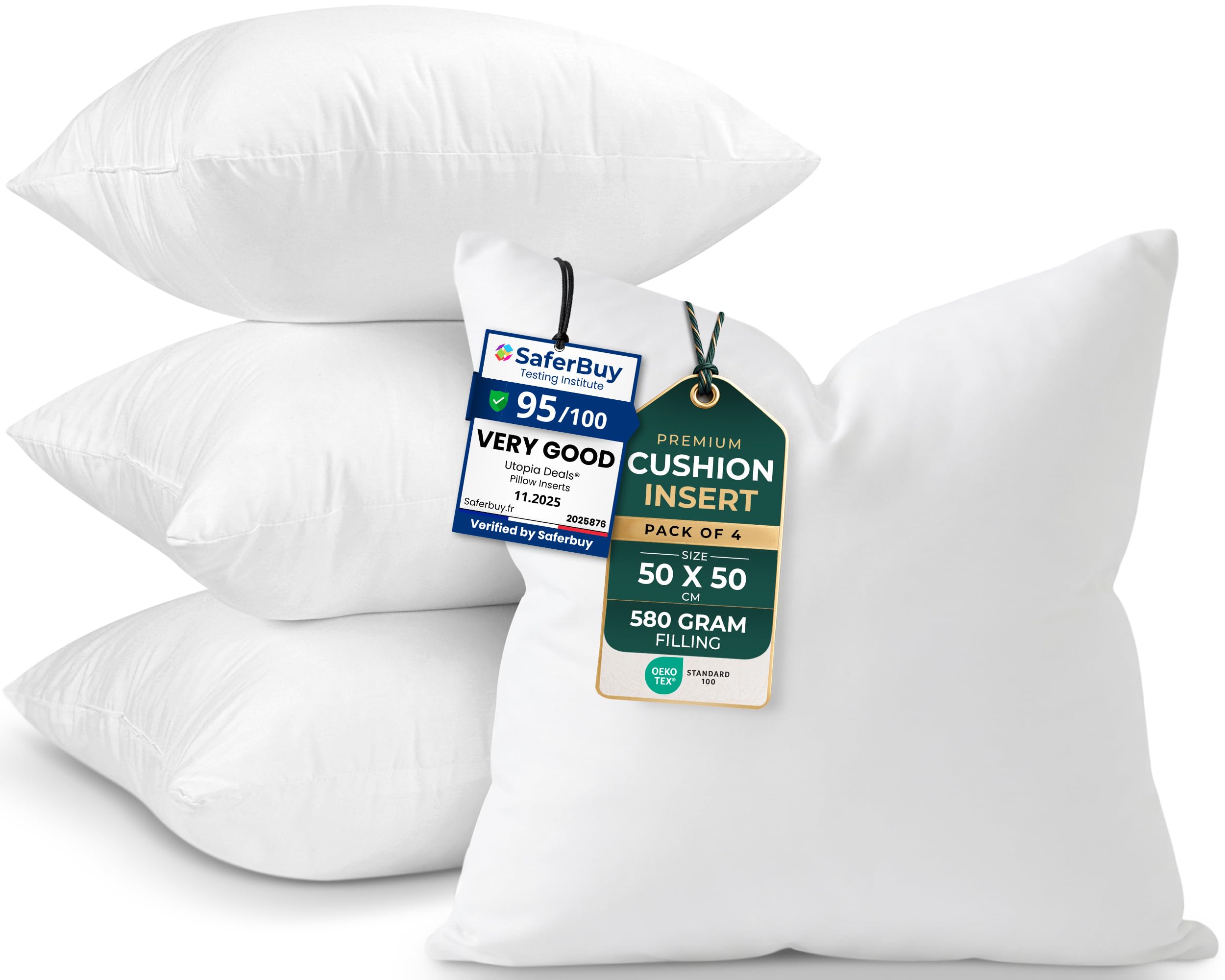 Utopia Bedding Cushion Inserts, Hollowfibre Inner Pads for Sofa or Bed – Cushions Fillers (4, White, 50x50 cm)